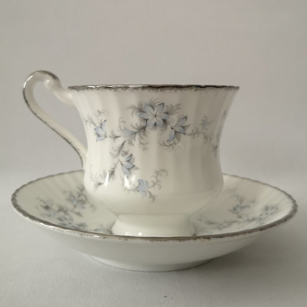 Vintage Paragon Bride's Choice Tea Cup & Saucer White w Blue Flowers Silver Trim